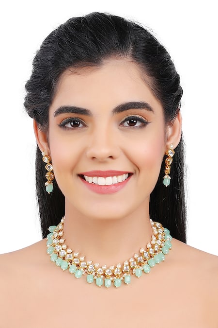 Shop Aakarsha By Ajay Green Beads, Stones, Diamonds Kundan Embellished Necklace Set at Aza Fashions Shop_Aakarsha By Ajay_Green Beads, Stones, Diamonds Kundan Embellished Necklace Set_at_Aza_Fashions