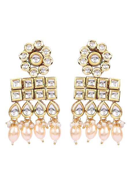 Shop Aakarsha By Ajay Gold Plated Pearls, Beads Square Kundan Studded Earrings at Aza Fashions Shop_Aakarsha By Ajay_Gold Plated Pearls, Beads Square Kundan Studded Earrings_at_Aza_Fashions
