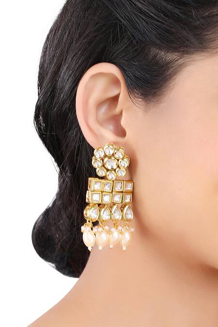 Shop Aakarsha By Ajay Gold Plated Pearls, Beads Square Kundan Studded Earrings Online at Aza Fashions Shop_Aakarsha By Ajay_Gold Plated Pearls, Beads Square Kundan Studded Earrings_Online_at_Aza_Fashions