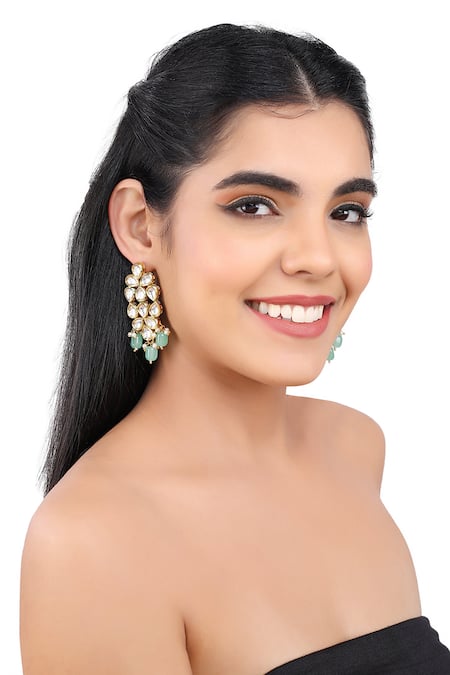 Aakarsha by Ajay Green Kundan Stones Floral Dangler Earrings 