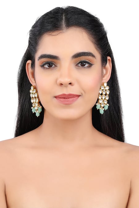 Aakarsha By Ajay_Green Pearls, Beads, Diamonds Floral Kundan Dangler Earrings_Online_at_Aza_Fashions