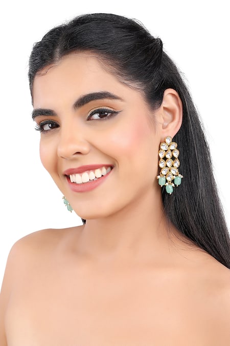 Buy_Aakarsha By Ajay_Green Pearls, Beads, Diamonds Floral Kundan Dangler Earrings_Online_at_Aza_Fashions