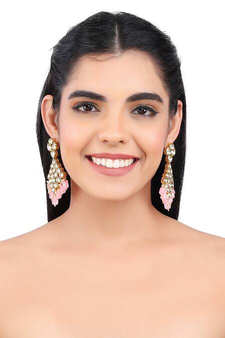 Aakarsha By Ajay_Pink Pearls, Beads, Cut Work Circular Kundan Dangler Earrings_Online_at_Aza_Fashions