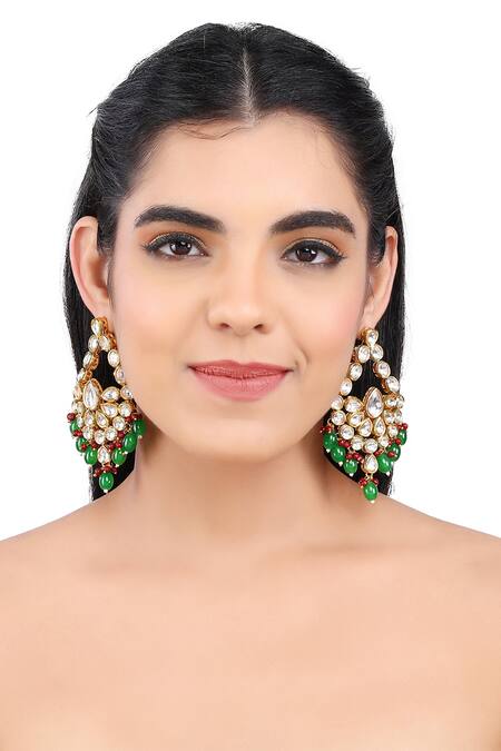 Aakarsha By Ajay_Red Pearls, Beads Kundan Geometric Drop Earrings _Online_at_Aza_Fashions