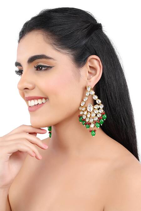 Buy_Aakarsha By Ajay_Red Pearls, Beads Kundan Geometric Drop Earrings _Online_at_Aza_Fashions