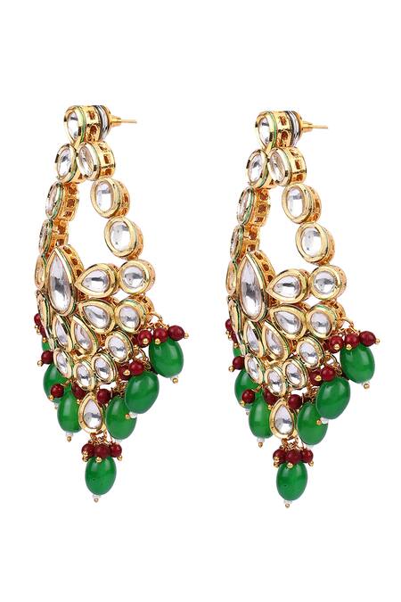 Aakarsha By Ajay_Red Pearls, Beads Kundan Geometric Drop Earrings _at_Aza_Fashions