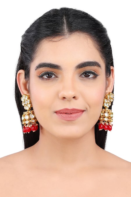 Aakarsha By Ajay_Red Kundan Floral Jhumkas_Online_at_Aza_Fashions