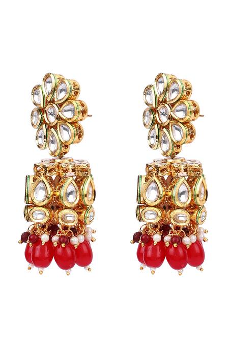 Aakarsha By Ajay_Red Kundan Floral Jhumkas_at_Aza_Fashions
