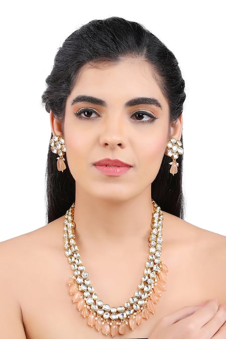 Aakarsha By Ajay_Brown Pearls, Beads Kundan Embellished Necklace Set_Online_at_Aza_Fashions