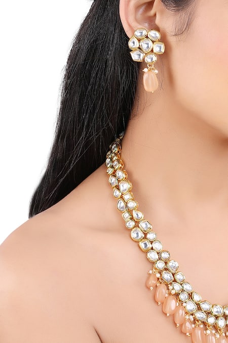 Shop_Aakarsha By Ajay_Brown Pearls, Beads Kundan Embellished Necklace Set_Online_at_Aza_Fashions