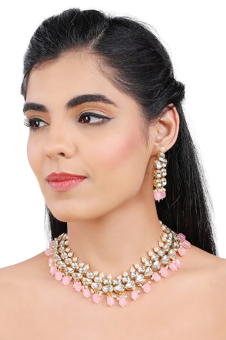 Aakarsha By Ajay_Pink Pearls, Beads, Diamonds Kundan And Quartz Drop Necklace Set_Online_at_Aza_Fashions