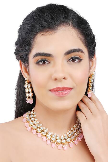 Buy_Aakarsha By Ajay_Pink Pearls, Beads, Diamonds Kundan And Quartz Drop Necklace Set_Online_at_Aza_Fashions