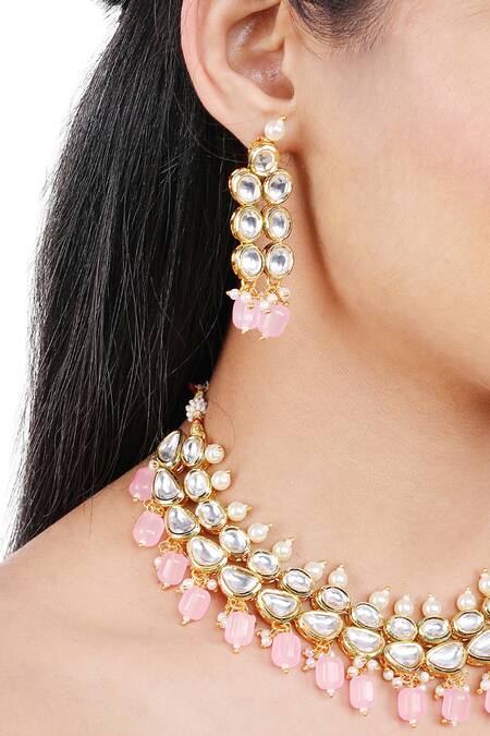 Shop_Aakarsha By Ajay_Pink Pearls, Beads, Diamonds Kundan And Quartz Drop Necklace Set_Online_at_Aza_Fashions