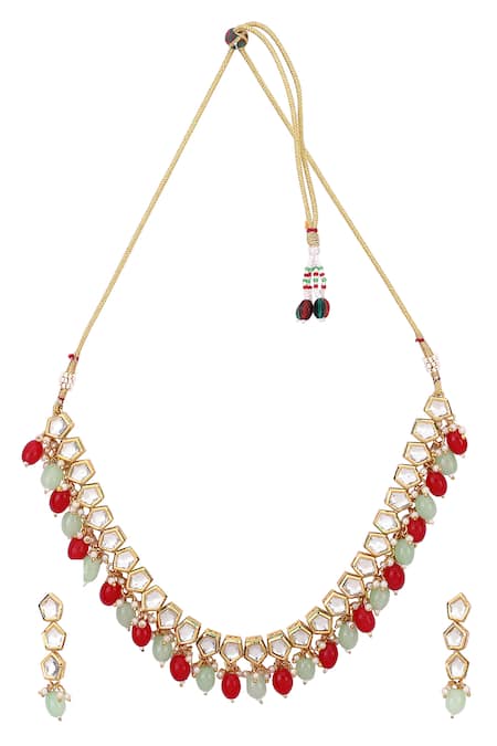 Shop Aakarsha By Ajay Red Pearls, Beads, Stones Geometric Kundan Embellished Necklace Set at Aza Fashions Shop_Aakarsha By Ajay_Red Pearls, Beads, Stones Geometric Kundan Embellished Necklace Set_at_Aza_Fashions