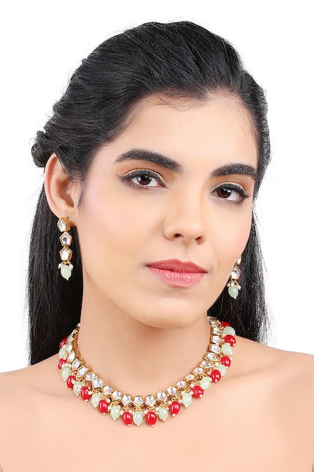 Aakarsha By Ajay Red Pearls, Beads, Stones Geometric Kundan Embellished Necklace Set Online at Aza Fashions Aakarsha By Ajay_Red Pearls, Beads, Stones Geometric Kundan Embellished Necklace Set_Online_at_Aza_Fashions