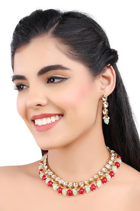 Buy Aakarsha By Ajay Red Pearls, Beads, Stones Geometric Kundan Embellished Necklace Set Online at Aza Fashions Buy_Aakarsha By Ajay_Red Pearls, Beads, Stones Geometric Kundan Embellished Necklace Set_Online_at_Aza_Fashions