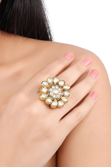 Aakarsha By Ajay_Green Imitation Diamonds Kundan Floral Ring_Online_at_Aza_Fashions