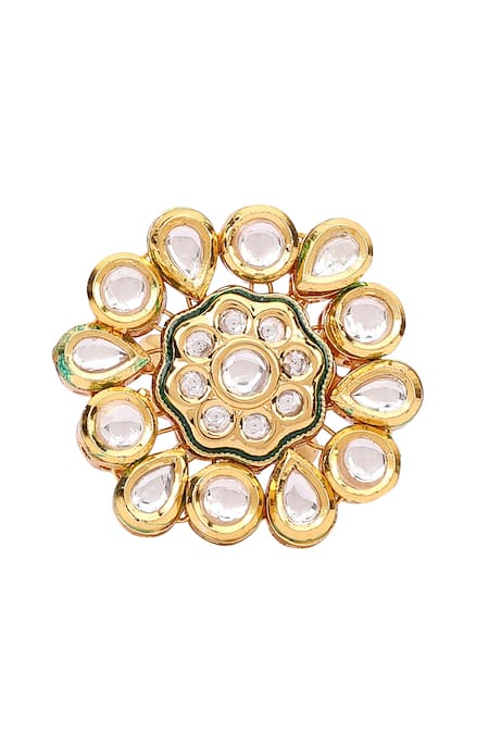 Buy_Aakarsha By Ajay_Green Imitation Diamonds Kundan Floral Ring_Online_at_Aza_Fashions