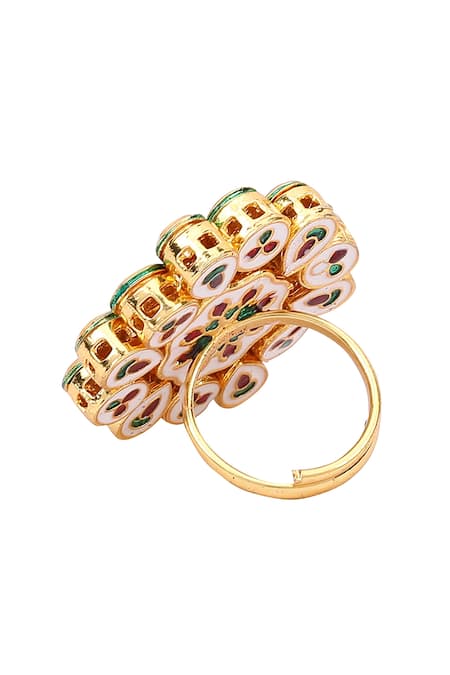 Shop_Aakarsha By Ajay_Green Imitation Diamonds Kundan Floral Ring_Online_at_Aza_Fashions