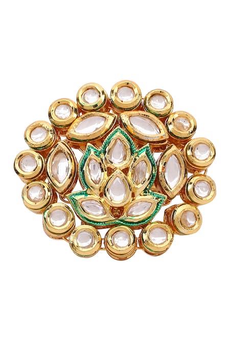 Shop Aakarsha By Ajay Green Imitation Diamonds Kundan Floral Lotus Ring at Aza Fashions Shop_Aakarsha By Ajay_Green Imitation Diamonds Kundan Floral Lotus Ring_at_Aza_Fashions