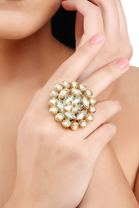 Buy Aakarsha By Ajay Green Imitation Diamonds Kundan Floral Lotus Ring Online at Aza Fashions Buy_Aakarsha By Ajay_Green Imitation Diamonds Kundan Floral Lotus Ring_Online_at_Aza_Fashions