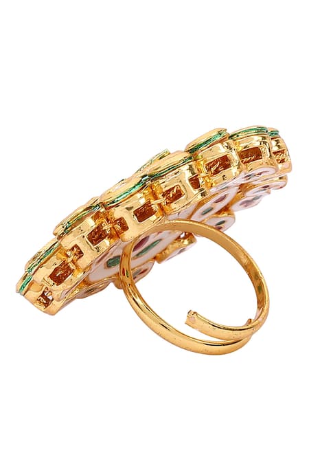 Shop_Aakarsha By Ajay_Green Imitation Diamonds Kundan Floral Lotus Ring_Online_at_Aza_Fashions
