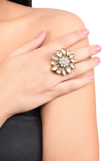 Aakarsha By Ajay Green Imitation Diamonds Kundan Studded Floral Ring Online at Aza Fashions Aakarsha By Ajay_Green Imitation Diamonds Kundan Studded Floral Ring_Online_at_Aza_Fashions