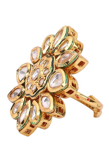 Buy_Aakarsha By Ajay_Green Imitation Diamonds Kundan Studded Floral Ring_Online_at_Aza_Fashions