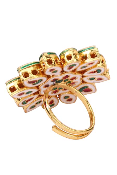 Shop_Aakarsha By Ajay_Green Imitation Diamonds Kundan Studded Floral Ring_Online_at_Aza_Fashions