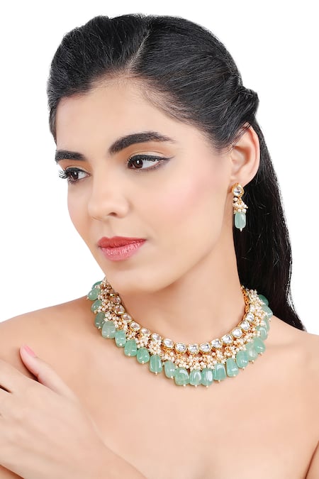 Aakarsha By Ajay_Green Pearls, Beads Kundan And Stone Drop Necklace Set_Online_at_Aza_Fashions