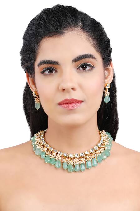 Buy_Aakarsha By Ajay_Green Pearls, Beads Kundan And Stone Drop Necklace Set_Online_at_Aza_Fashions