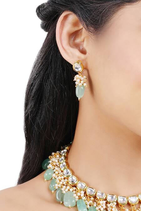 Shop_Aakarsha By Ajay_Green Pearls, Beads Kundan And Stone Drop Necklace Set_Online_at_Aza_Fashions