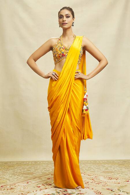 Aariyana Couture Yellow Crepe Embroidery Halter Neck Pre-draped Saree With Blouse at Aza Fashions Aariyana Couture_Yellow Crepe Embroidery Halter Neck Pre-draped Saree With Blouse_at_Aza_Fashions