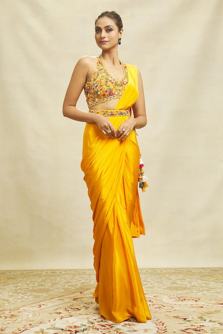 Alaya Advani Yellow Crepe Embroidered Floral Halter Pre-draped Saree With Blouse