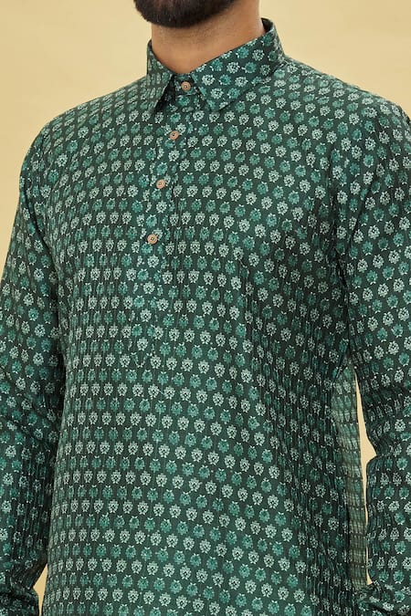 Shop_Arihant Rai Sinha_Green Silk Sequins, Embroidery Bouquet Print Kurta Set _Online_at_Aza_Fashions