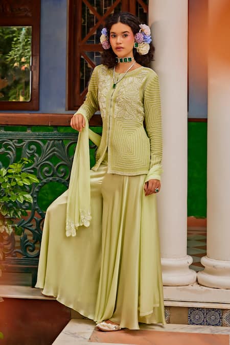 1999ad By Amita & Deepak_Green Organza Pearls, Embroidery Round Neck Jacket Sharara Set _at_Aza_Fashions