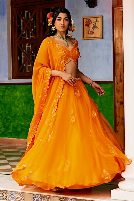 Shop_1999ad By Amita & Deepak_Orange Organza Sequins, Beads V-neck Lily Bloom Embroidered Lehenga Blouse Set _Online_at_Aza_Fashions