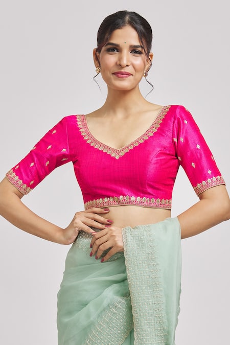 Nazaakat by Samara Singh Pink Malbary Silks Embroidered Floral V Neck Blouse