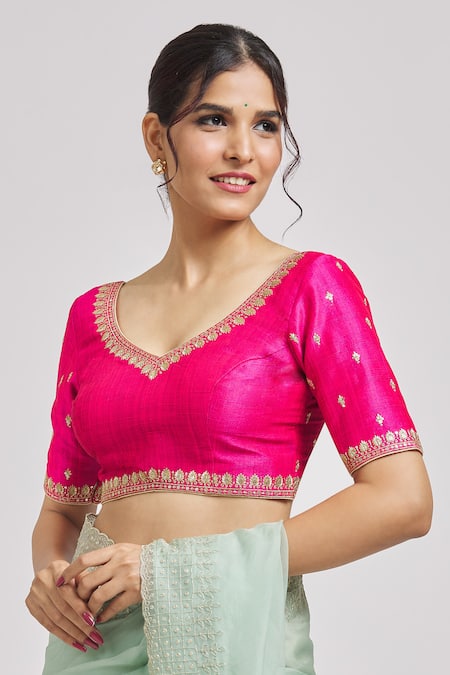 Samyukta Singhania Pink Silk Embroidery V-neck Floral Blouse Online at Aza Fashions Samyukta Singhania_Pink Silk Embroidery V-neck Floral Blouse _Online_at_Aza_Fashions