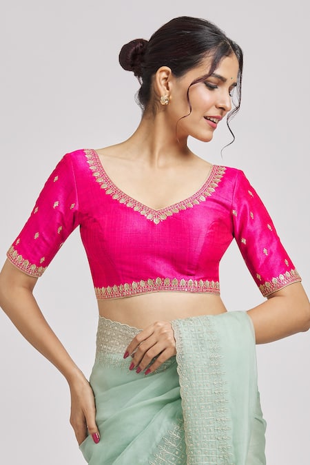 Buy Samyukta Singhania Pink Silk Embroidery V-neck Floral Blouse Online at Aza Fashions Buy_Samyukta Singhania_Pink Silk Embroidery V-neck Floral Blouse _Online_at_Aza_Fashions
