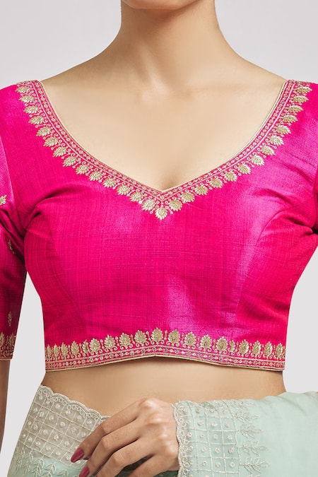 Shop Samyukta Singhania Pink Silk Embroidery V-neck Floral Blouse Online at Aza Fashions Shop_Samyukta Singhania_Pink Silk Embroidery V-neck Floral Blouse _Online_at_Aza_Fashions