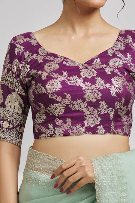 Samyukta Singhania Purple Brocade Embroidery V-neck Floral Pattern Blouse Online at Aza Fashions Samyukta Singhania_Purple Brocade Embroidery V-neck Floral Pattern Blouse_Online_at_Aza_Fashions