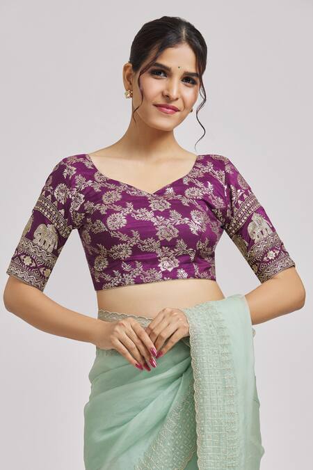 Buy Samyukta Singhania Purple Brocade Embroidery V-neck Floral Pattern Blouse Online at Aza Fashions Buy_Samyukta Singhania_Purple Brocade Embroidery V-neck Floral Pattern Blouse_Online_at_Aza_Fashions