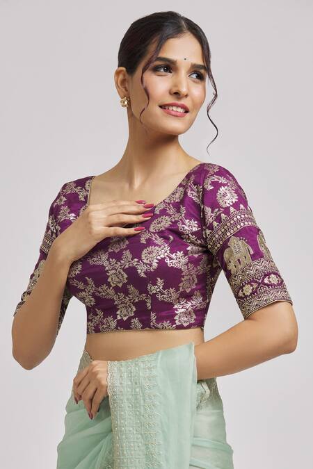 Shop Samyukta Singhania Purple Brocade Embroidery V-neck Floral Pattern Blouse Online at Aza Fashions Shop_Samyukta Singhania_Purple Brocade Embroidery V-neck Floral Pattern Blouse_Online_at_Aza_Fashions