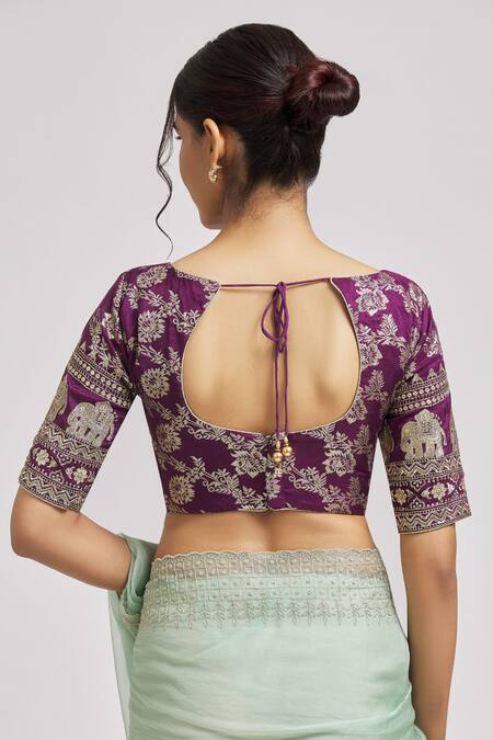 Shop Samyukta Singhania Purple Brocade Embroidery V-neck Floral Pattern Blouse at Aza Fashions Shop_Samyukta Singhania_Purple Brocade Embroidery V-neck Floral Pattern Blouse_at_Aza_Fashions