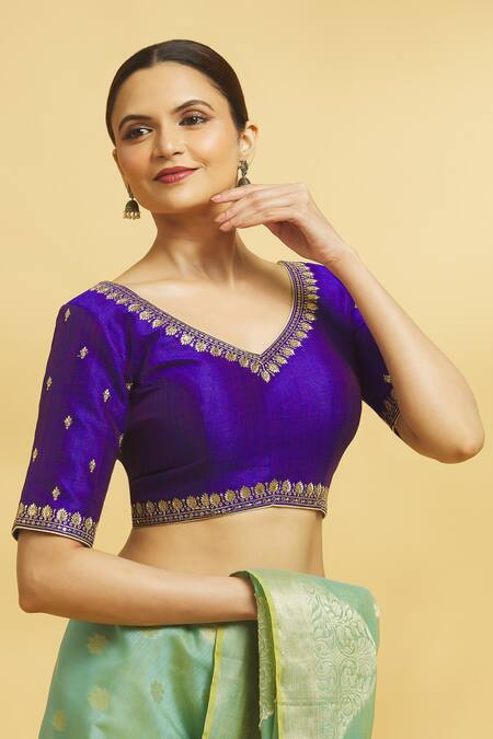 Shop_Samyukta Singhania_Purple Silk Embroidery V-neck Floral Motif Blouse_Online_at_Aza_Fashions
