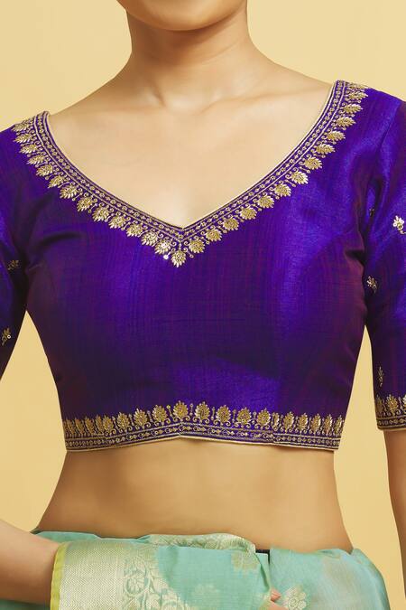 Samyukta Singhania_Purple Silk Embroidery V-neck Floral Motif Blouse_at_Aza_Fashions
