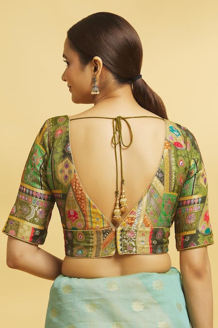Shop Samyukta Singhania Green Brocade Plunge Neck Blossom Art Woven Blouse at Aza Fashions Shop_Samyukta Singhania_Green Brocade Plunge Neck Blossom Art Woven Blouse _at_Aza_Fashions