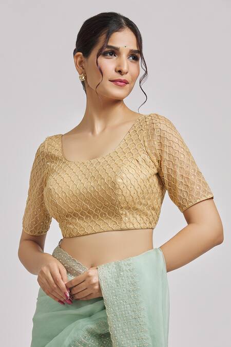 Samyukta Singhania Gold Net Teardrop Sequin Embroidered Saree Blouse Online at Aza Fashions Samyukta Singhania_Gold Net Teardrop Sequin Embroidered Saree Blouse _Online_at_Aza_Fashions