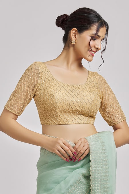 Shop Samyukta Singhania Gold Net Teardrop Sequin Embroidered Saree Blouse Online at Aza Fashions Shop_Samyukta Singhania_Gold Net Teardrop Sequin Embroidered Saree Blouse _Online_at_Aza_Fashions